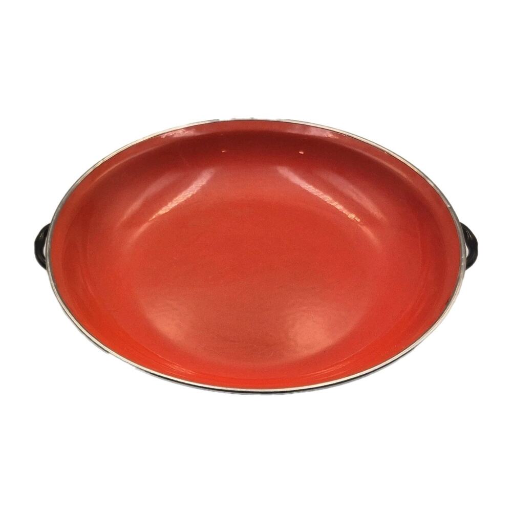 Vintage Yugoslavia Orange Enamelware Saute Pan Skillet Handles 10.5" Diameter